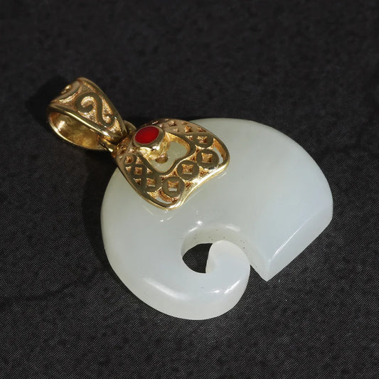 Natural White Jade - Gold Plated Cuff Design - Elephant Pendant