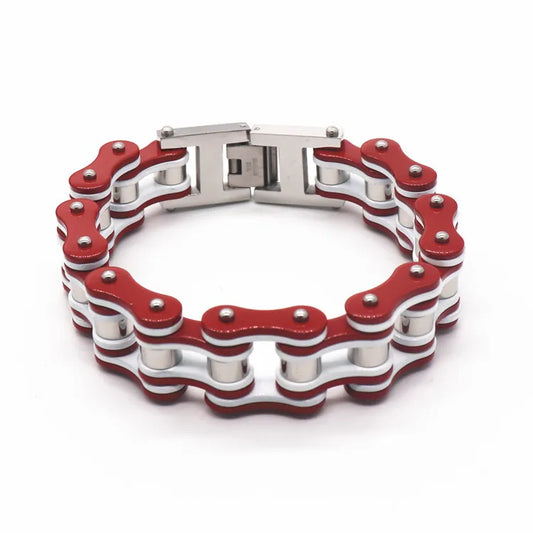 Red & White Stainless Steel Bicycle Chain Bracelet
