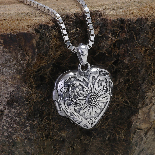 Silver Flower Love Heart Locket Necklace