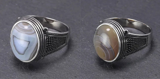 Natural Cut Sterling Silver Agate Ottoman Rings