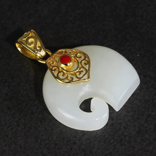 Natural White Jade - Gold Plated Stamp Design - Elephant Pendant