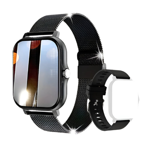 Smartwatch with black mesh band on a reflective surface with sparkling background