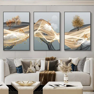 Golden Scene - 3 Piece Abstract Landscape Wall Art