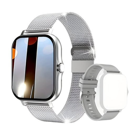 Silver smartwatch with mesh band on a reflective surface