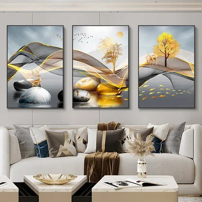 Golden Pebbles - 3 Piece Abstract Landscape Wall Art