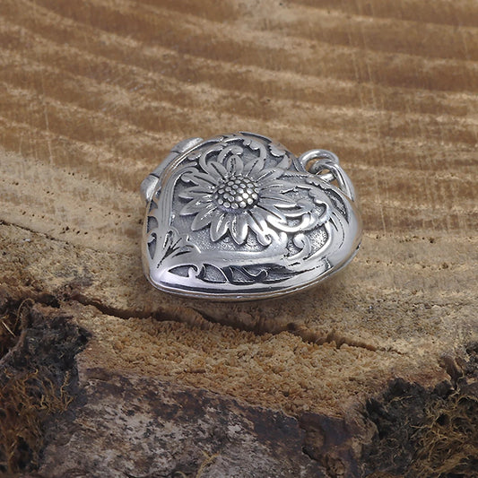 Silver Flower Love Heart Locket Pendant