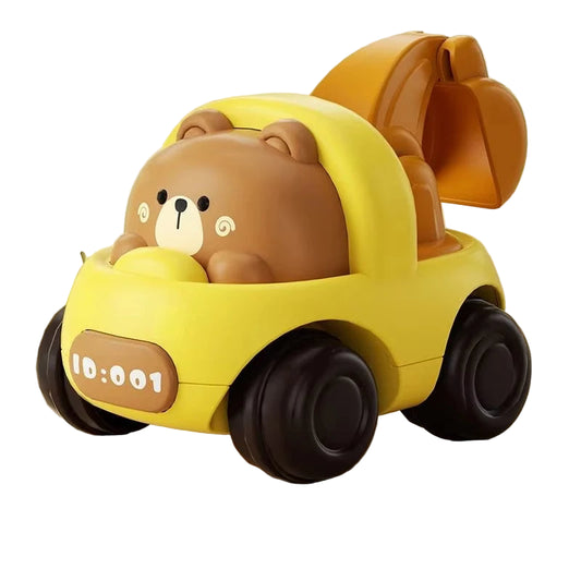 brown bear driving a yellow wind up car