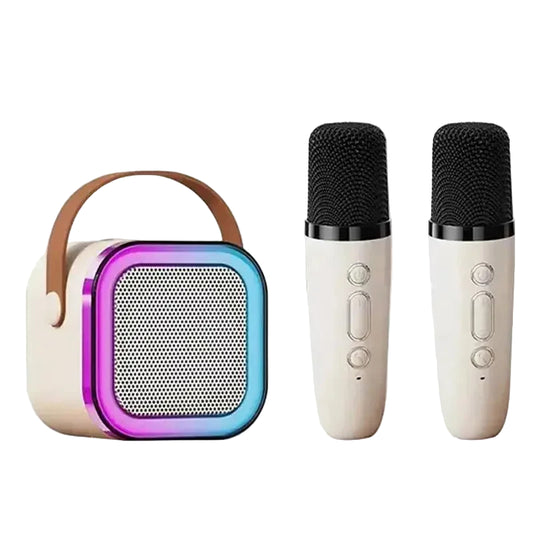 White microphone set with a colorful speaker on a white background