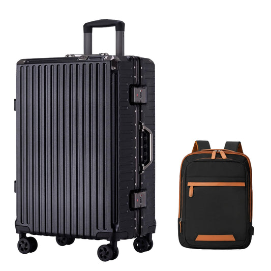 black suit case with a black backpack with brown zippers and accents.