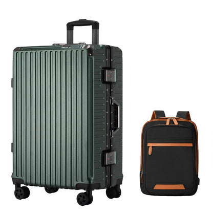 dark green suit case with a black backpack with brown zippers and accents.