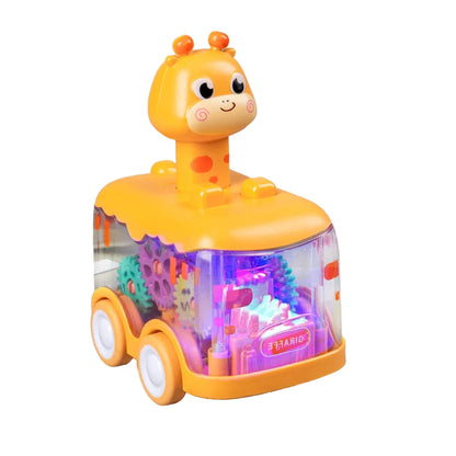 a windup car with a giraffes head sticking out of the top. the car features a clear frame showcasing the inner multi coloured gear system and LED lighting