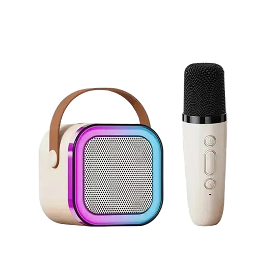 Portable speaker with rainbow gradient and microphone on a white background