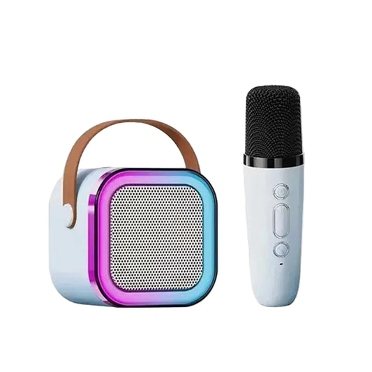 Portable speaker with brown handle and microphone on a white background, labeled 'K12 Blue with 1 MIC'.