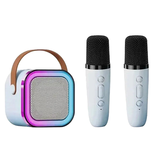 Two microphones and a portable speaker with 'K12 Blue' branding on a white background.