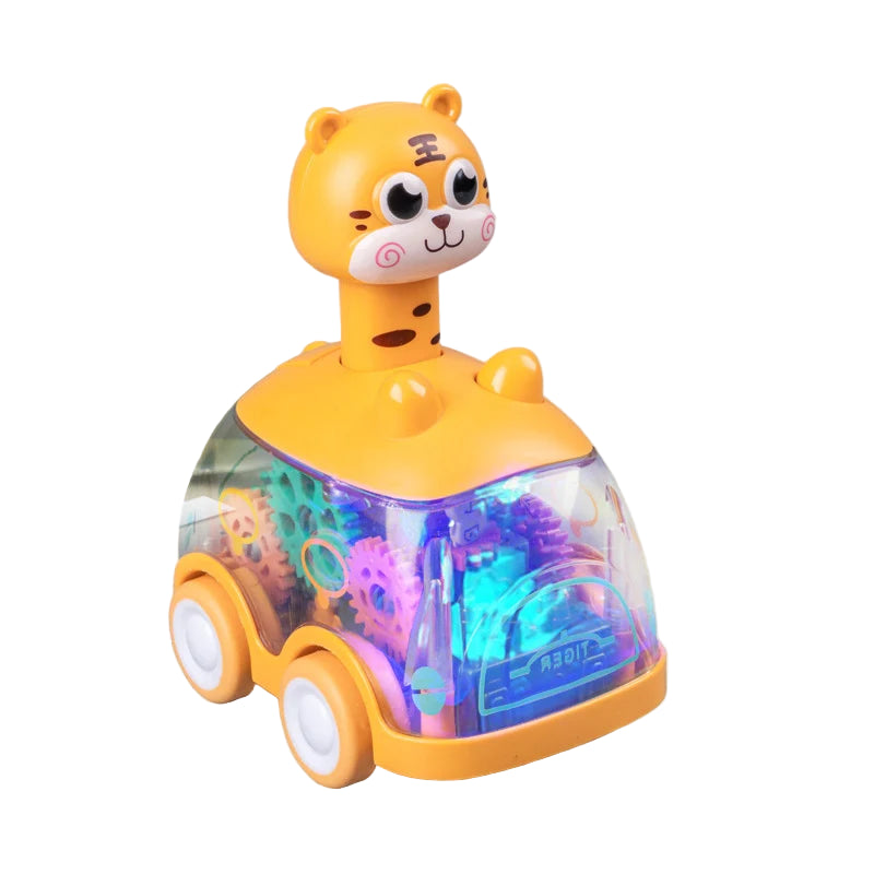 a windup car with a tiger head sticking out of the top. the car features a clear frame showcasing the inner multi coloured gear system and LED lighting