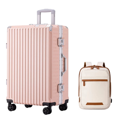 pink suit case with a beige backpack with brown zippers and accents.