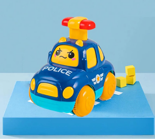 blue police car wind up toy with a strong looking, determined emoji face on the front windshield