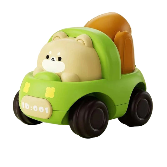 a beige puppy dog driving a green wind up toy car