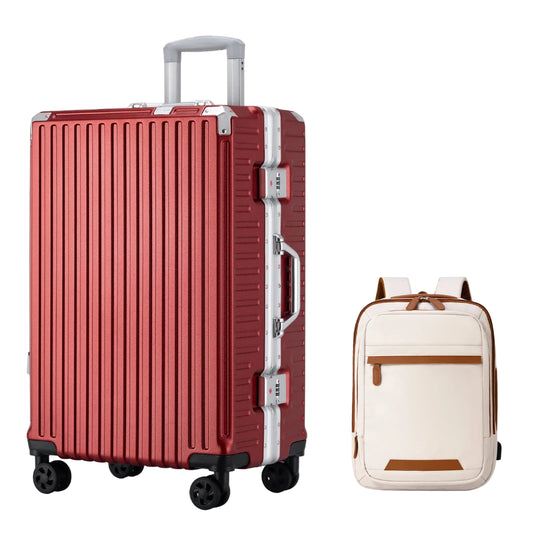 red suit case with a beige backpack with brown zippers and accents.
