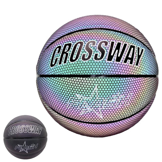 reflective black basketball turns from a black crossway basketball into a multicoloured blue, yellow, pink and purple basketball