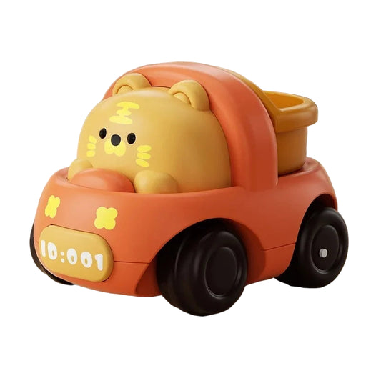 brown tiger windup toy. a small orange car with a tiger driving