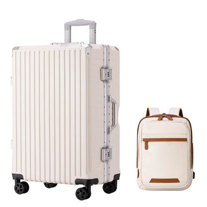white suit case with a beige backpack with brown zippers and accents.